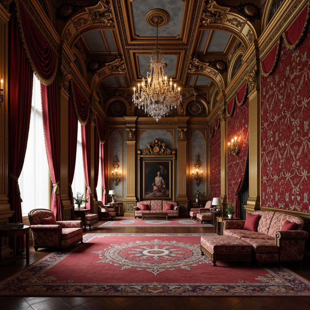 Prompt: Luxurious Renaissance palace, ornate furnishings, rich velvet fabrics, intricate embroidery, golden thread accents, lavish drapery, opulent tapestries, majestic throne room, grand chandeliers, crystal prisms, warm candlelight, soft focus, shallow depth of field, 1/2 composition, symmetrical arrangement, realistic textures, ambient occlusion.