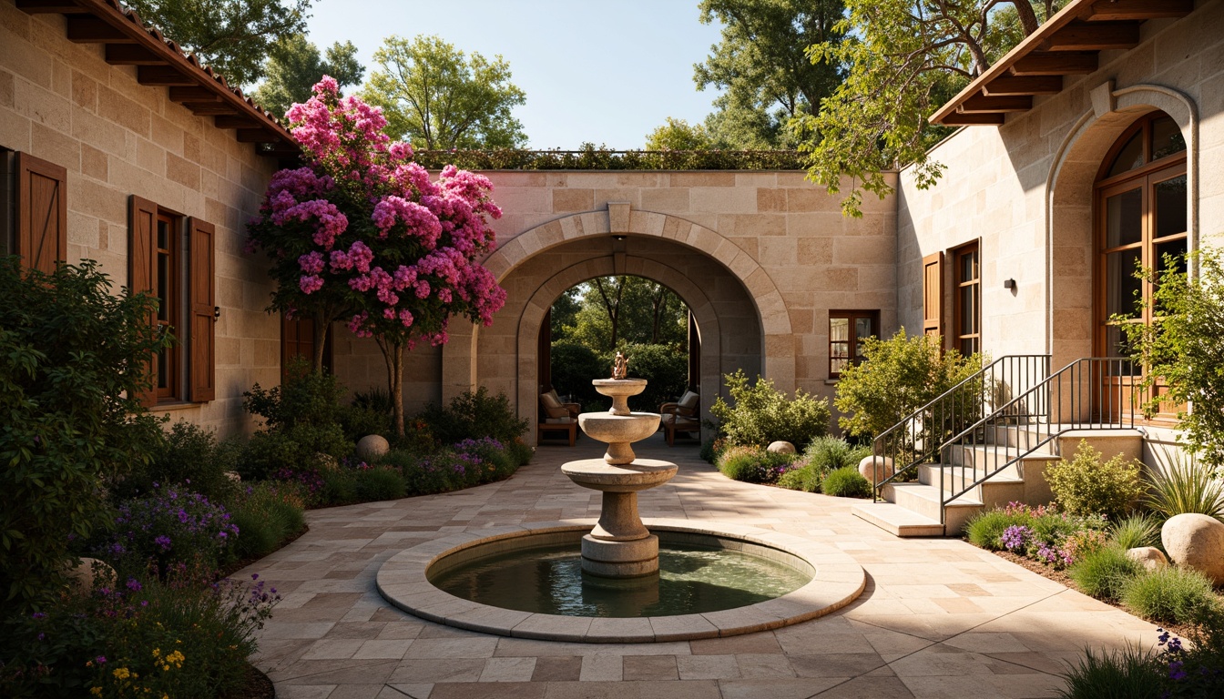 Prompt: Warm Mediterranean courtyard, rustic stone walls, ornate fountain, lush greenery, vibrant bougainvillea, elegant archways, decorative tiles, wooden shutters, wrought iron railings, clay roof tiles, sun-kissed stucco, soft warm lighting, shallow depth of field, 3/4 composition, panoramic view, realistic textures, ambient occlusion.