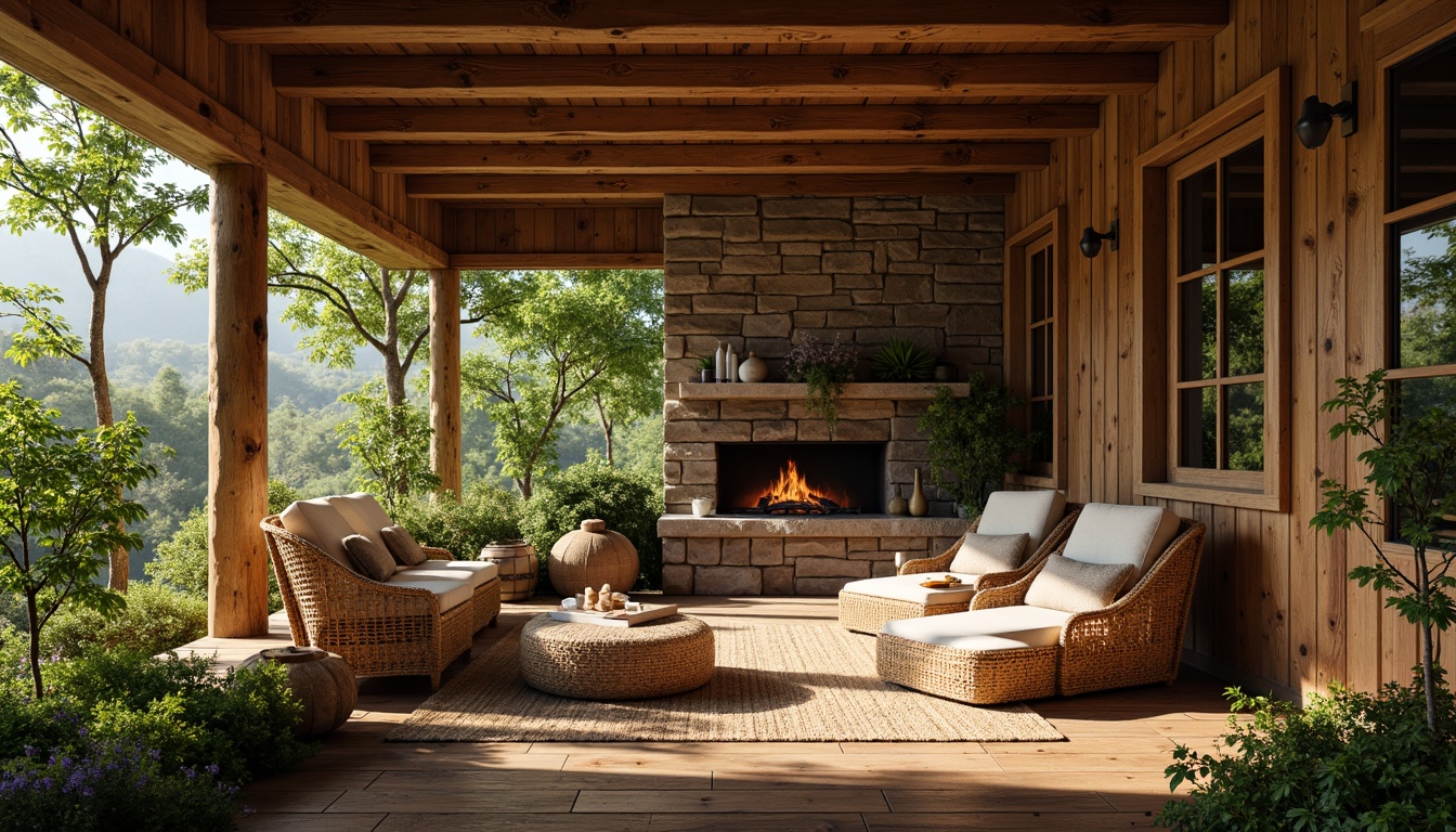 Prompt: Earthy cabin, reclaimed wood walls, natural stone fireplace, woven rattan furniture, plush greenery, earthy color palette, organic textures, wooden beam ceiling, cozy ambiance, soft warm lighting, shallow depth of field, 1/1 composition, realistic rendering, ambient occlusion.