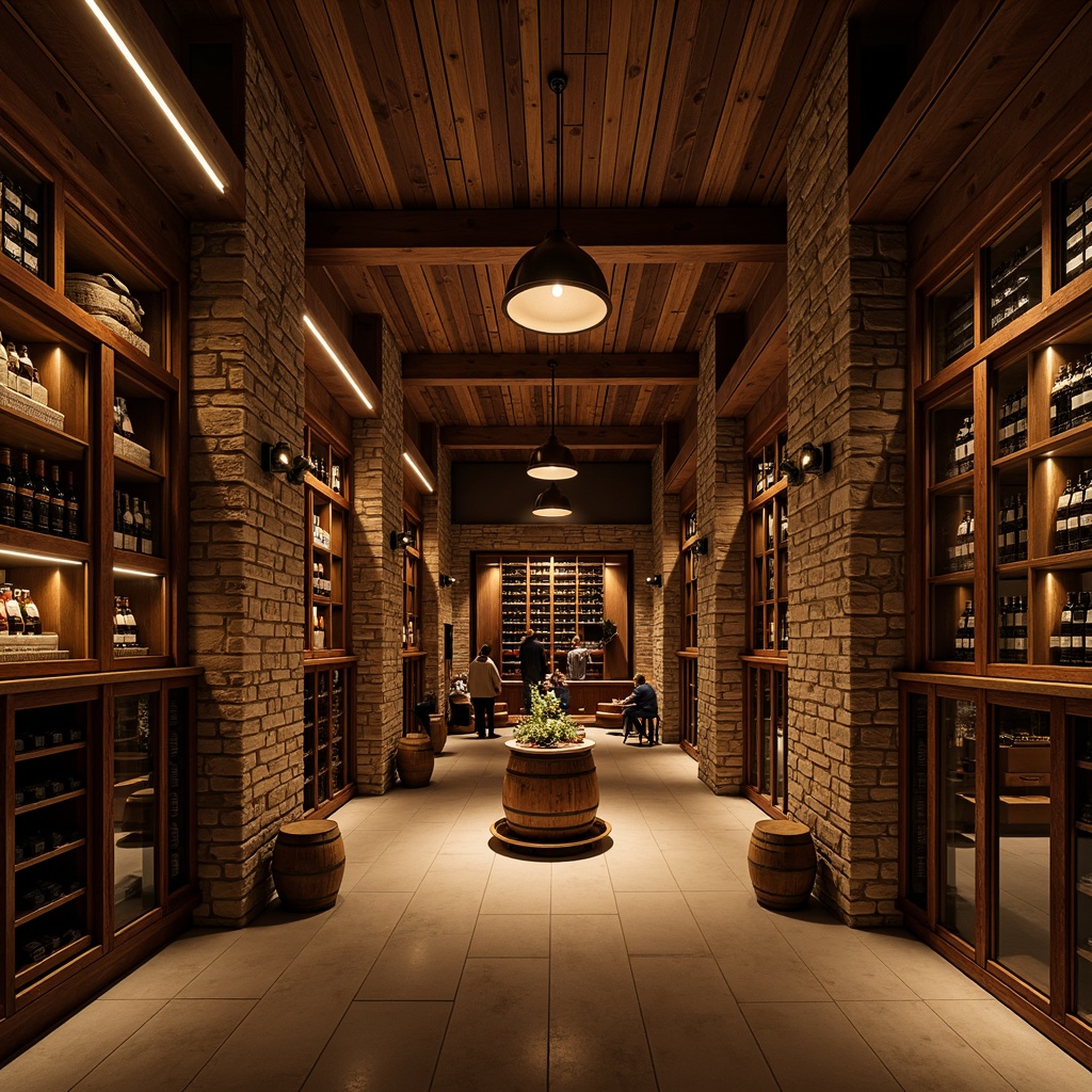 Prompt: Dimly lit wine cellar, rich wood tones, rustic stone walls, ambient warm glow, soft pendant lights, floor-to-ceiling shelving, glass-enclosed wine racks, dark-stained wooden cabinets, polished metal accents, subtle LED strips, cozy seating areas, vintage wine barrels, earthy color palette, dramatic spotlights, layered lighting effects, warm beige tones, intimate atmosphere, sophisticated decor.