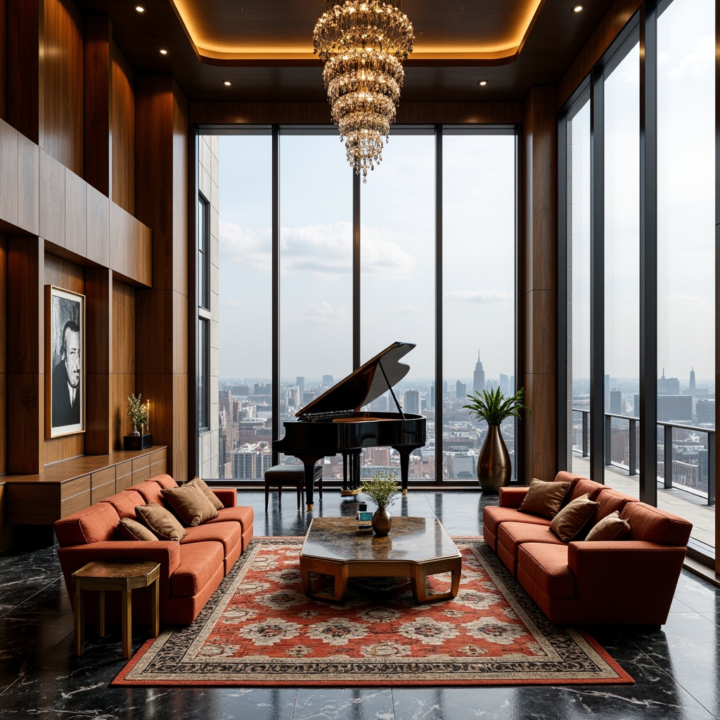 Prompt: Luxurious penthouse, opulent Art Deco style, lavish furnishings, velvety sofas, geometric patterned rugs, ornate coffee tables, metallic accents, glossy marble floors, crystal chandeliers, floor-to-ceiling windows, panoramic city views, sleek black grand piano, minimalist modern art pieces, bronze sculptures, rich wood paneling, ambient soft lighting, 1/1 composition, shallow depth of field, realistic textures.