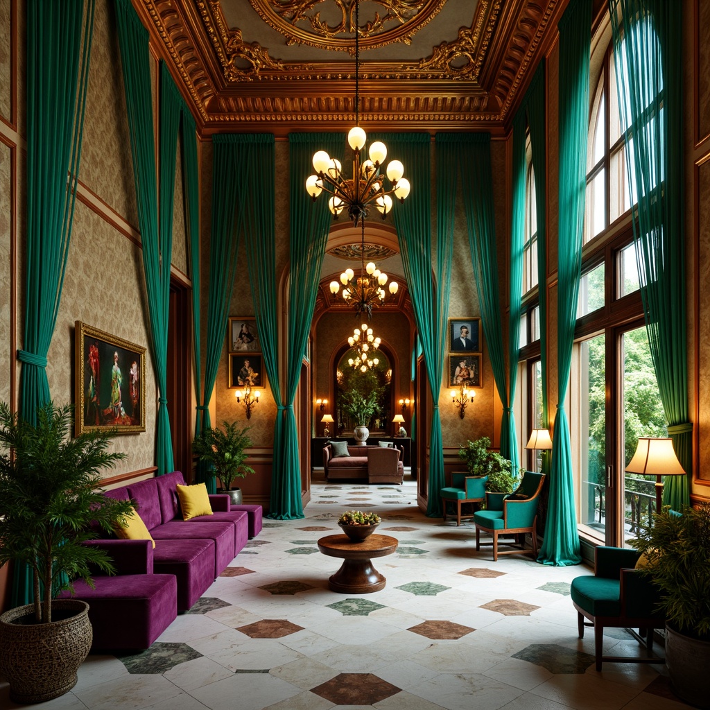 Prompt: Elegant Art Nouveau interior, sinuous lines, organic forms, flowing curves, luxurious fabrics, jewel-toned colors, emerald green, sapphire blue, amethyst purple, golden yellow, copper accents, ornate metalwork, intricate patterns, botanical motifs, natural materials, marble floors, wooden panels, velvet upholstery, soft warm lighting, dramatic shadows, high contrast ratio, cinematic composition, 1/2 framing, ornate picture frames.