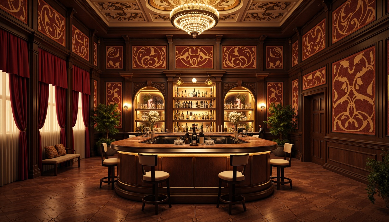 Prompt: Richly ornamented home bar, luxurious velvet drapes, intricately patterned wallpaper, ornate wooden paneling, Art Nouveau-inspired furniture, curved lines, flowing shapes, elegant metallic accents, warm golden lighting, subtle texture overlays, 3D modeled decorations, realistic material rendering, soft focus background, atmospheric mist, subtle color grading, cinematic composition.