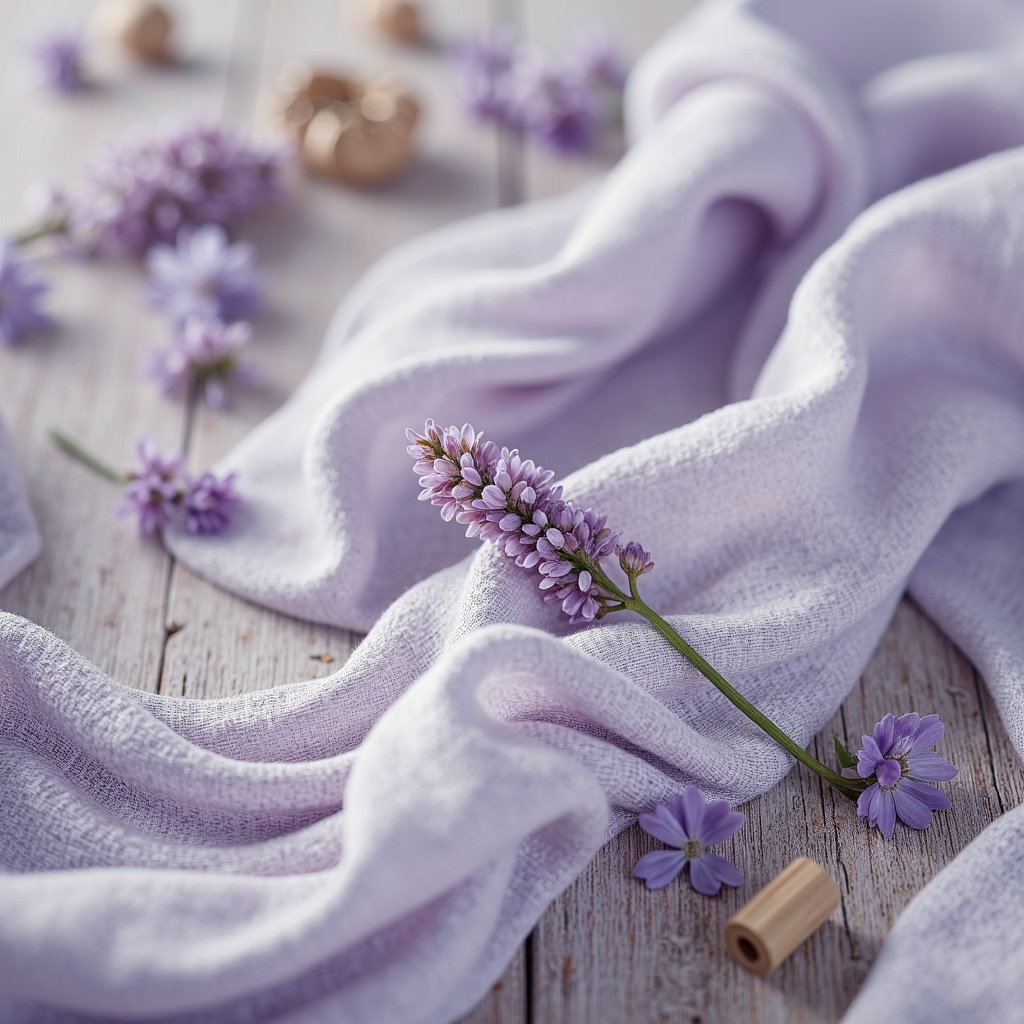 Prompt: Soft lavender hues, calming blue tones, gentle purple shades, creamy whites, warm beige accents, rustic wood textures, natural linen fabrics, delicate floral patterns, subtle gradient effects, dreamy misty atmosphere, ethereal ambient lighting, shallow depth of field, 1/2 composition, intimate close-up shots, realistic soft focus, whimsical romantic mood.Let me know if this meets your requirements!