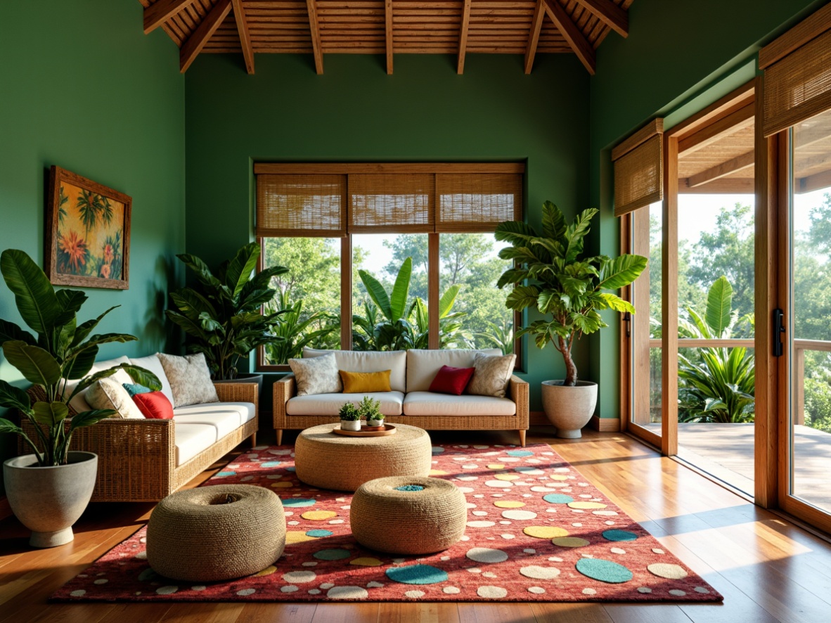 Prompt: Vibrant tropical living room, lush green walls, exotic plants, rattan furniture, woven textiles, natural wood accents, ocean-inspired color palette, coral-patterned rug, large windows, sliding glass doors, airy high ceiling, warm sunny lighting, soft focus photography, 1/1 composition, intimate atmosphere, cozy reading nook, woven bamboo shades, tropical flower arrangements.