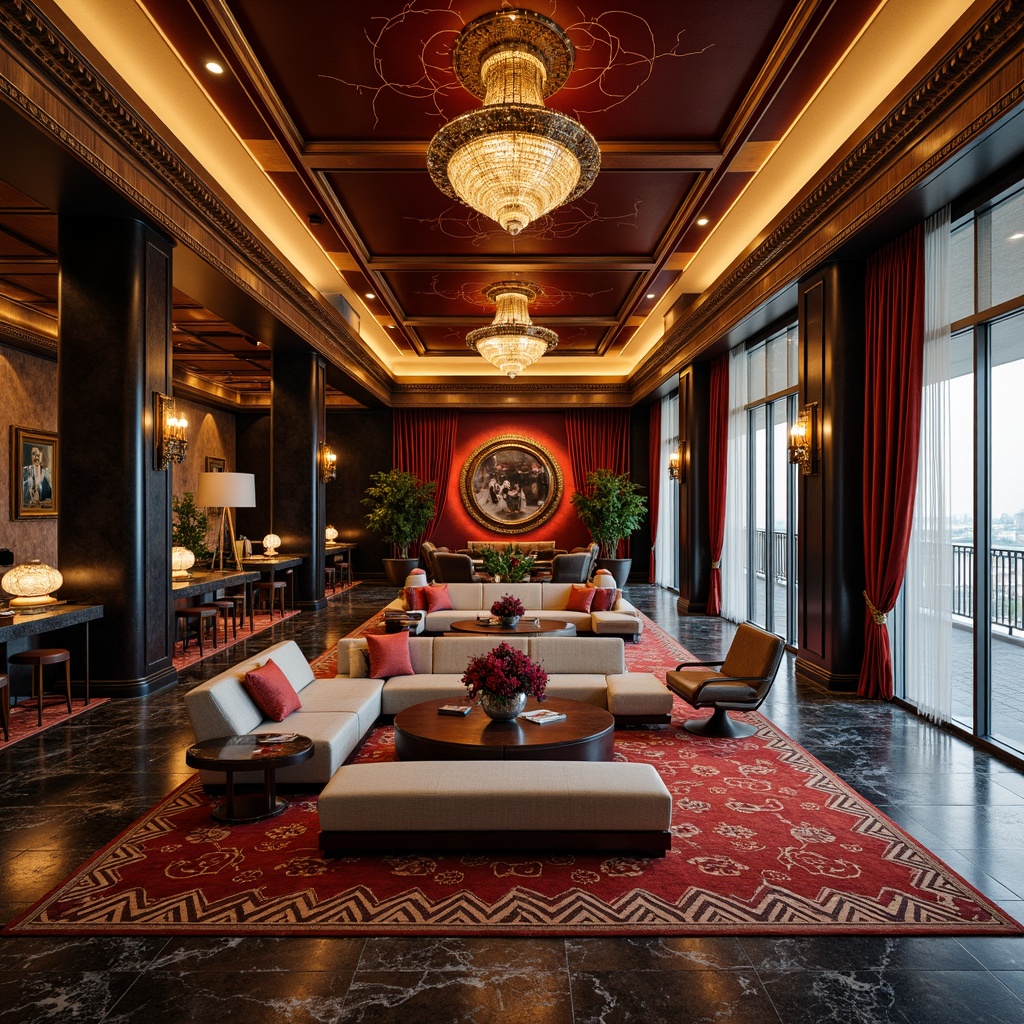 Prompt: Luxurious penthouse, Art Deco style, metallic accents, bold geometric patterns, velvet fabrics, jewel-toned color scheme, ornate furnishings, marble floors, chrome fixtures, lavish drapery, opulent upholstery, intricate moldings, sunburst motifs, zigzag patterns, luxurious carpets, rich wood tones, glamorous ambiance, high-contrast lighting, dramatic shadows, 1/1 composition, low-angle shot, cinematic atmosphere.