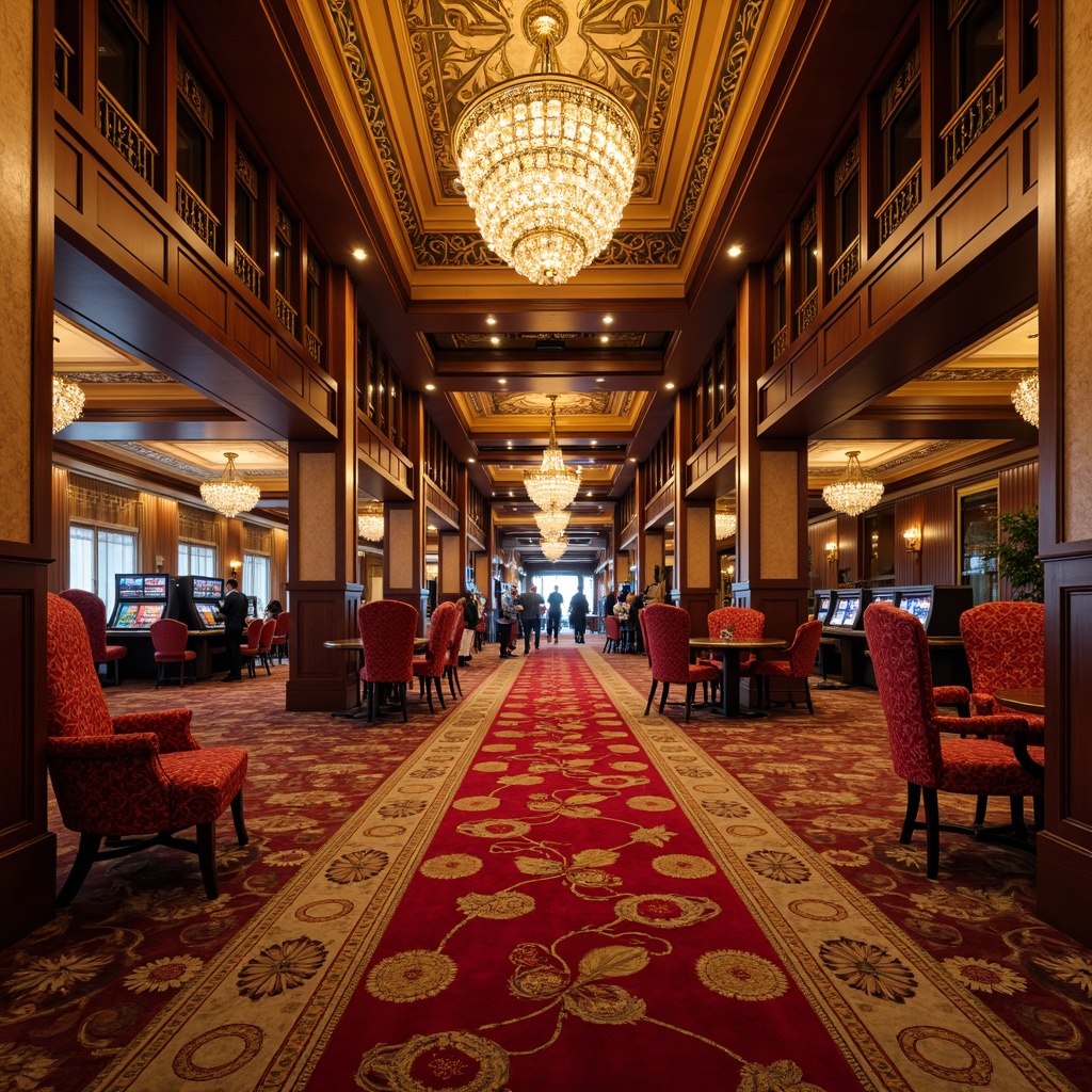 Prompt: Richly ornamented casino interior, lavish furnishings, plush red velvet fabrics, intricate golden patterns, ornate chandeliers, polished marble floors, luxurious carpets, wooden paneling, decorative ceiling moldings, grand staircases, opulent lighting fixtures, warm golden hues, soft ambient glow, shallow depth of field, 1/1 composition, realistic textures, subtle specularity.