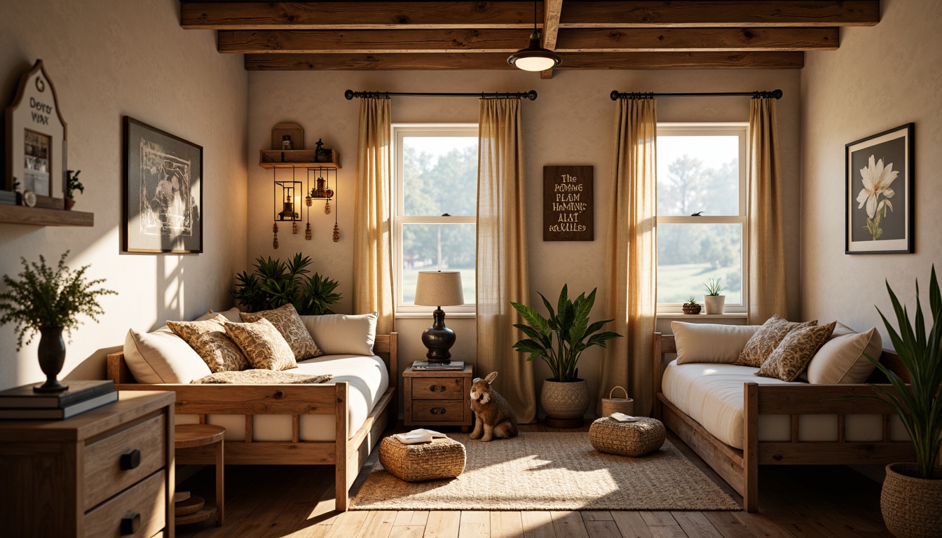 Prompt: Rustic farmhouse-style dorm room, warm and cozy ambiance, vintage metal lanterns, distressed wood accents, soft warm lighting, table lamps with burlap shades, pendant lights with wooden beads, natural linen curtains, earthy color palette, reclaimed wood furniture, woven baskets, plush area rugs, comfortable reading nooks, farmhouse-inspired decorative signs, warm beige walls, rustic metal decor, soft pastel colors, relaxing atmosphere, cozy corner seating, layered lighting effects, warm glow, 1/2 composition, realistic textures, ambient occlusion.