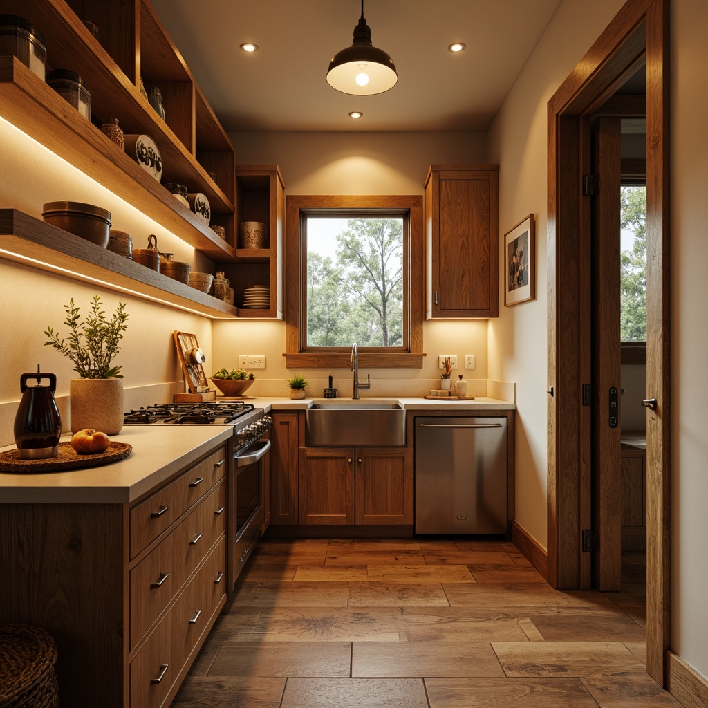 Prompt: Cozy pantry, warm beige tones, rich wood accents, soft warm lighting, recessed ceiling lights, under-cabinet LED strips, pendant lamps, frosted glass shades, brushed metal finishes, ambient illumination, subtle shadows, 1/1 composition, realistic reflections, rustic textures, morning light, inviting atmosphere.