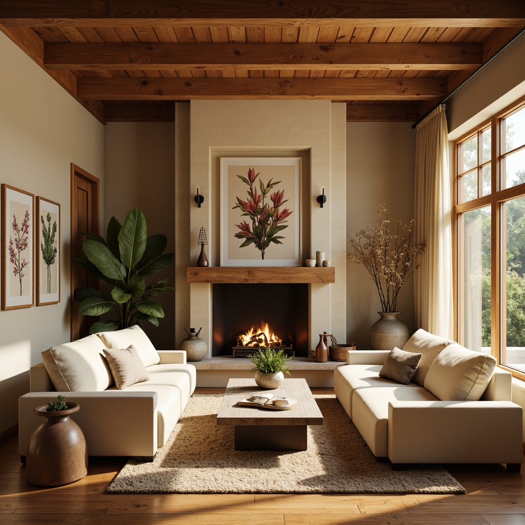 Prompt: Cozy living room, warm beige walls, rich wood furniture, soft cream upholstery, golden lighting, plush area rugs, natural stone fireplace, earthy tone accents, botanical prints, serene ambiance, 1/1 composition, soft focus, warm color temperature, inviting atmosphere.