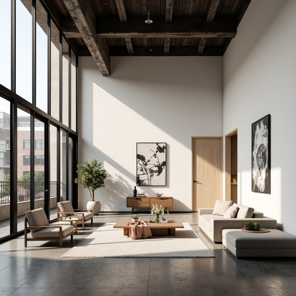 Prompt: Minimalist interior, sleek lines, industrial materials, natural light pouring in, large windows, glass doors, open floor plan, functional simplicity, geometric shapes, monochromatic color scheme, metal accents, wooden furniture, cotton textiles, abstract artwork, sparse decoration, airy atmosphere, soft warm lighting, high ceilings, urban loft setting, 1/1 composition, shallow depth of field, realistic textures, ambient occlusion.