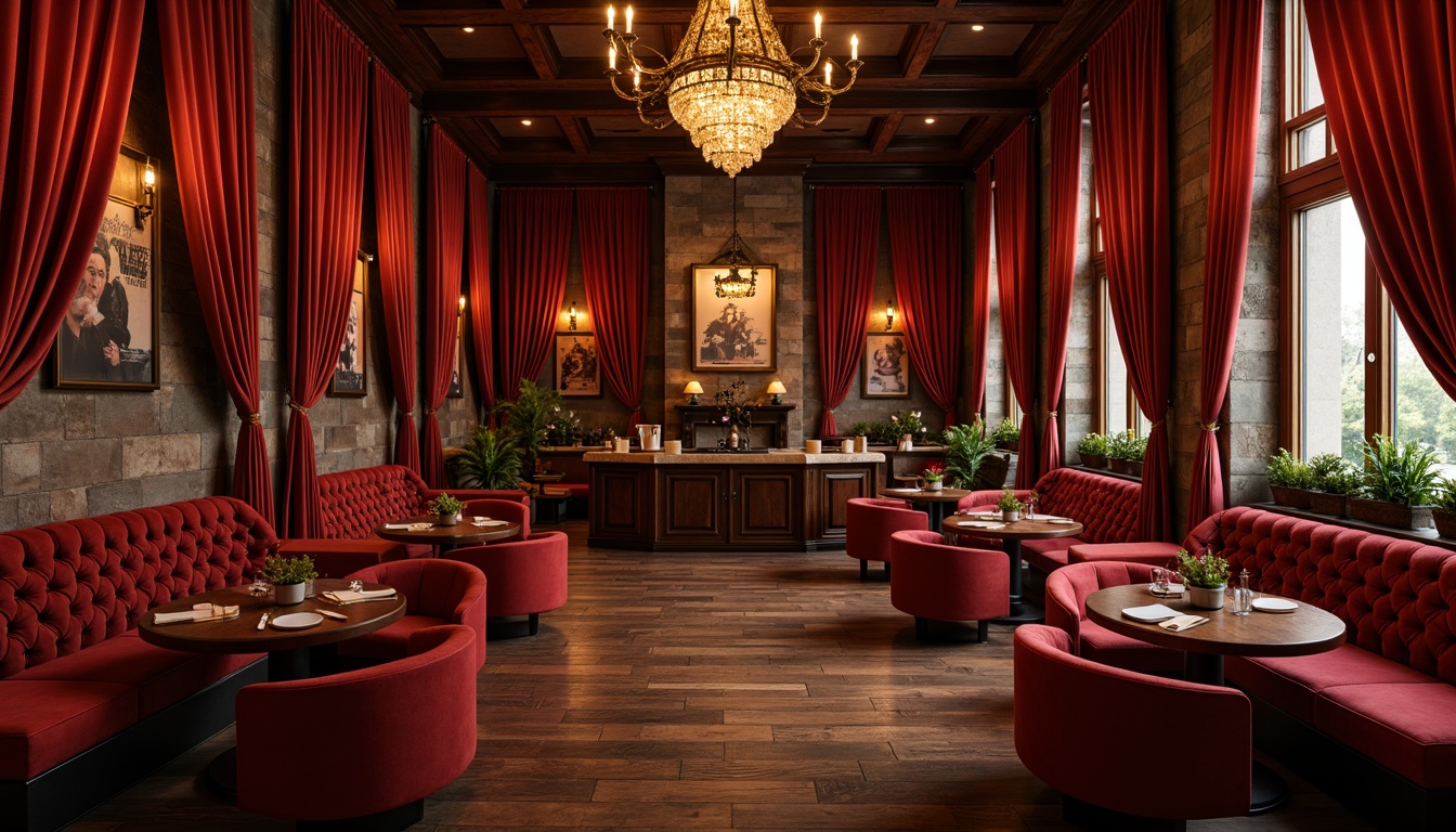 Prompt: Velvety red drapes, luxurious golden fabrics, rich brocade patterns, soft silk upholstery, distressed wooden accents, dimly lit atmosphere, rustic stone walls, ornate metal fixtures, lavish chandeliers, intimate seating areas, plush velvet sofas, vintage-inspired posters, dark wood flooring, subtle sparkle elements, warm ambient lighting, 1/2 composition, close-up shots, realistic textures, depth of field.