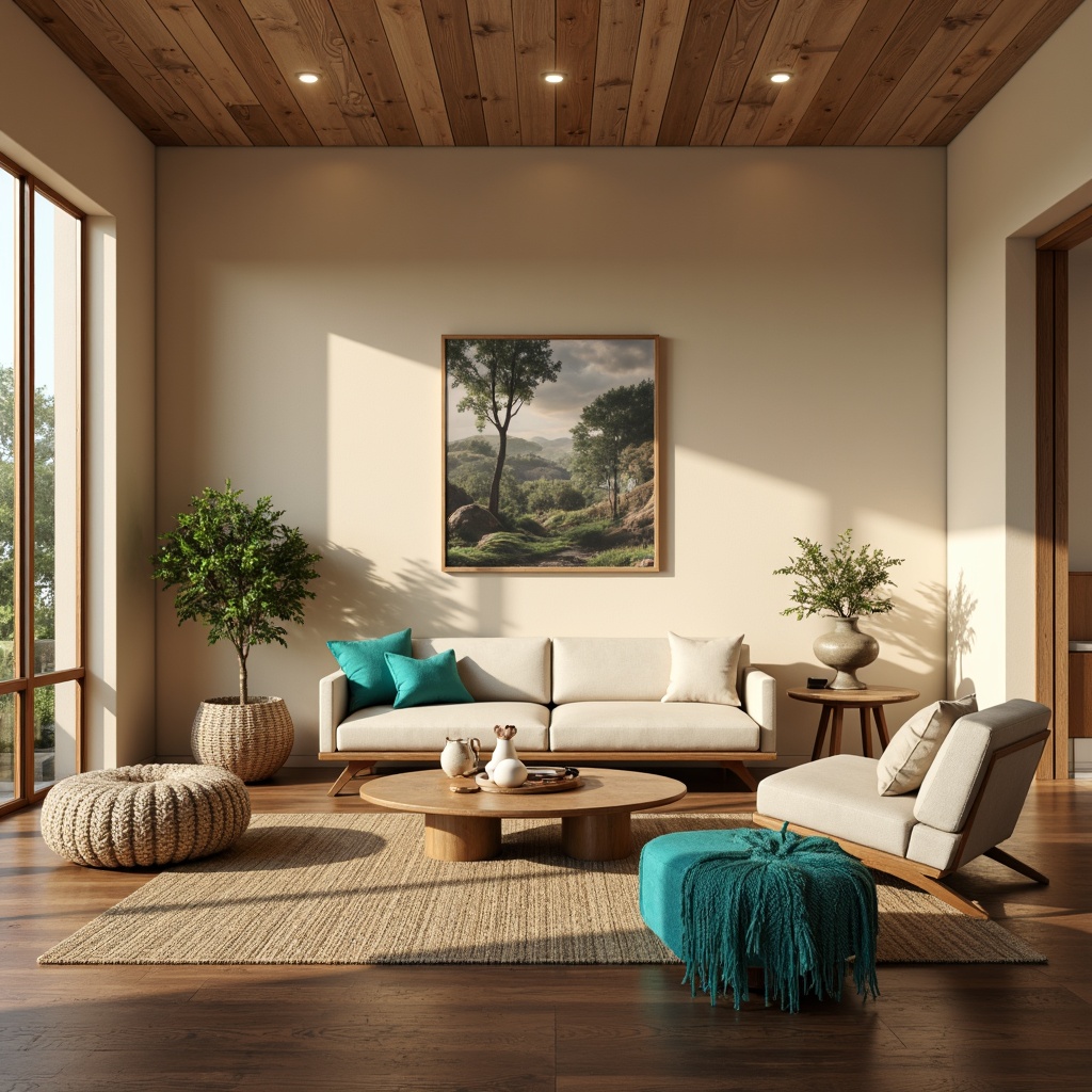 Prompt: Mid-century modern living room, warm beige walls, dark wood flooring, minimalist decor, sleek low-profile furniture, organic shapes, geometric patterns, vibrant turquoise accents, natural textiles, woven fibers, chunky throw blankets, linen upholstery, subtle sheen, earthy tones, soft box lighting, shallow depth of field, 1/1 composition, realistic rendering.