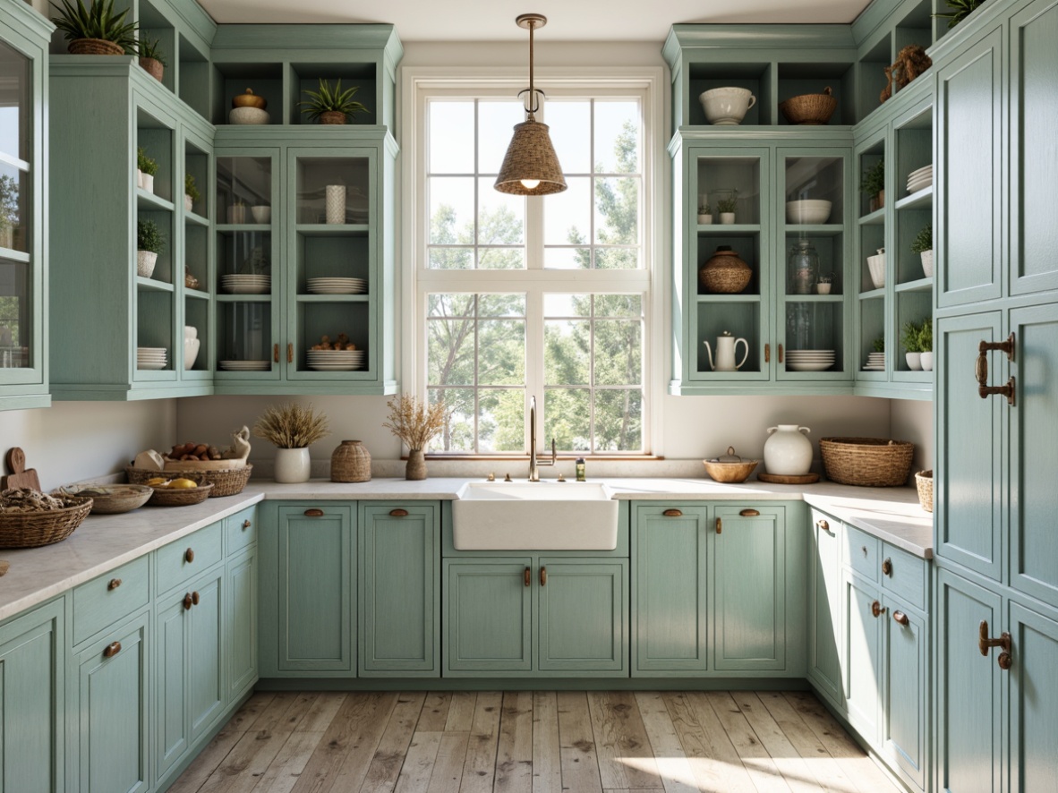 Prompt: Coastal style pantry, driftwood cabinetry, weathered wood finishes, soft blue-green hues, beachy vibe, nautical accents, rope hardware, glass front cabinets, open shelving, woven baskets, natural textiles, ocean-inspired decor, shell-shaped accessories, distressed wood flooring, subtle wave patterns, calming ambiance, warm soft lighting, 1/1 composition, realistic reflections, ambient occlusion.