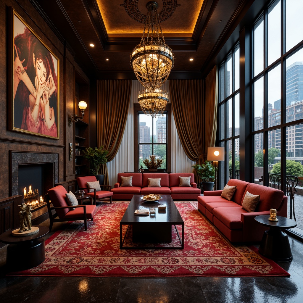 Prompt: Rich velvet fabrics, bold geometric patterns, metallic accents, luxurious furnishings, dark wood tones, ornate mirrors, lavish chandeliers, plush couches, avant-garde artwork, abstract sculptures, eclectic decor, moody lighting, dimly lit atmosphere, warm earthy colors, opulent textures, dramatic drapery, floor-to-ceiling windows, urban cityscape views, rainy day ambiance, shallow depth of field, 1/2 composition, cinematic mood, realistic reflections.