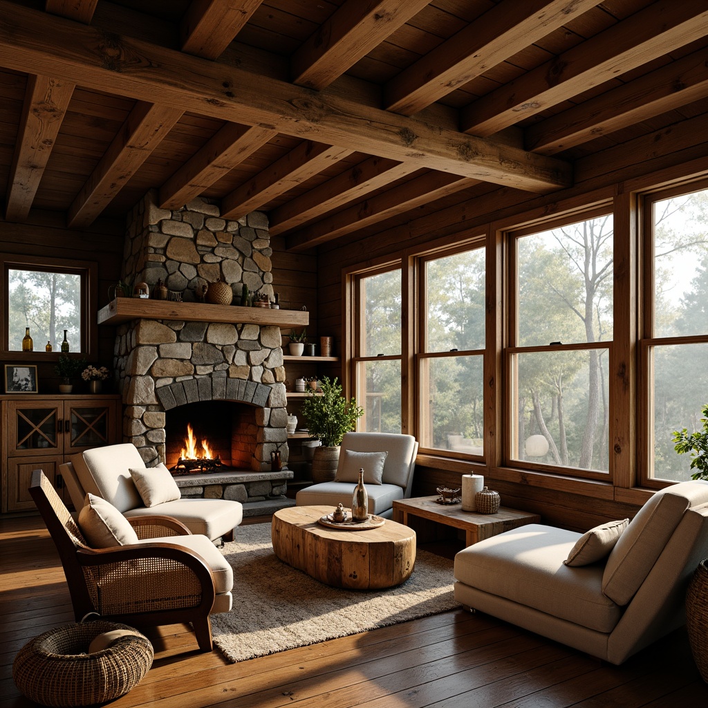 Prompt: Rustic cabin, wooden accents, earthy tones, natural stone fireplace, plush furniture, warm lighting, vintage decorations, distressed wood textures, woven baskets, floral patterns, soft blankets, cozy nooks, forest surroundings, misty morning, golden hour lighting, shallow depth of field, 1/2 composition, intimate atmosphere, realistic wood grains.