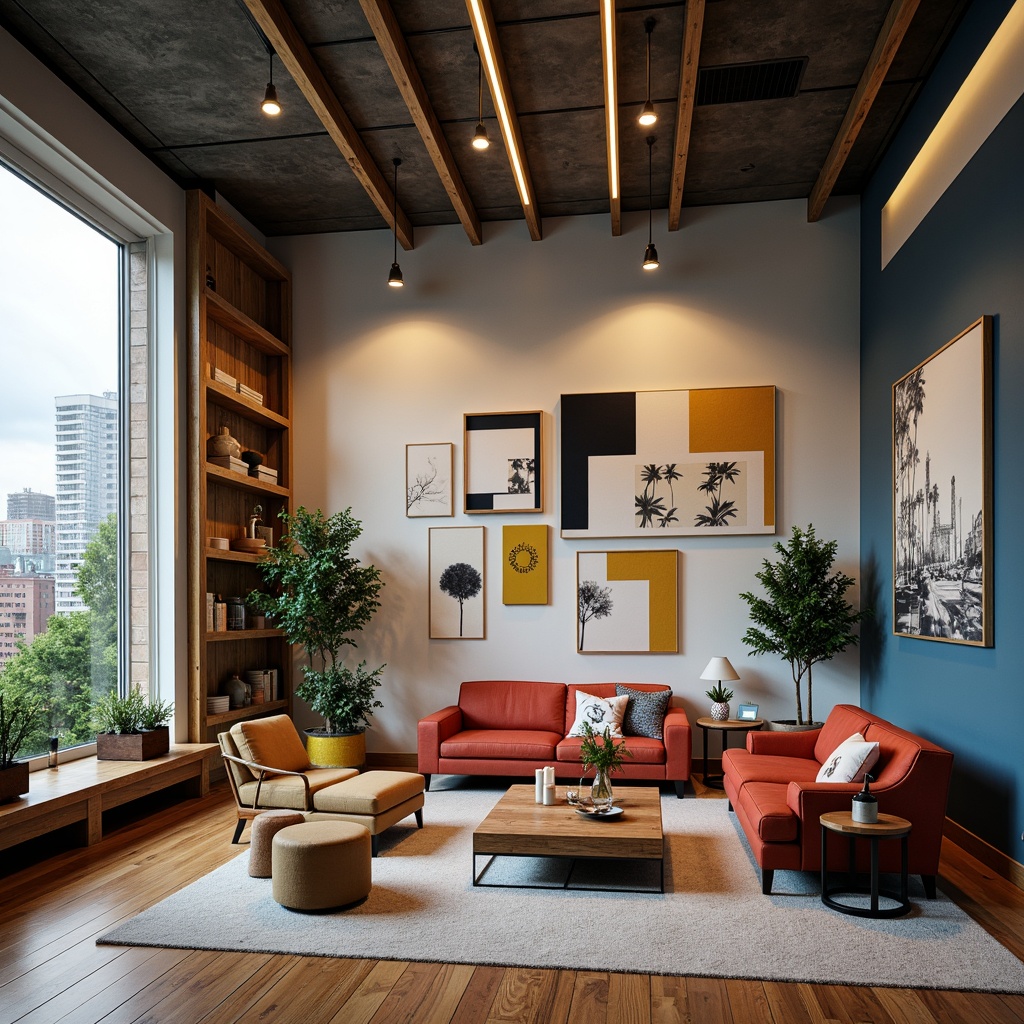 Prompt: Vibrant design studio, modern artistic space, eclectic furniture pieces, bold accent walls, rich wood tones, creamy whites, deep blues, warm golden lighting, industrial metal accents, sleek minimalist decor, urban cityscape views, cloudy day, soft natural light, shallow depth of field, 1/1 composition, realistic textures, ambient occlusion.