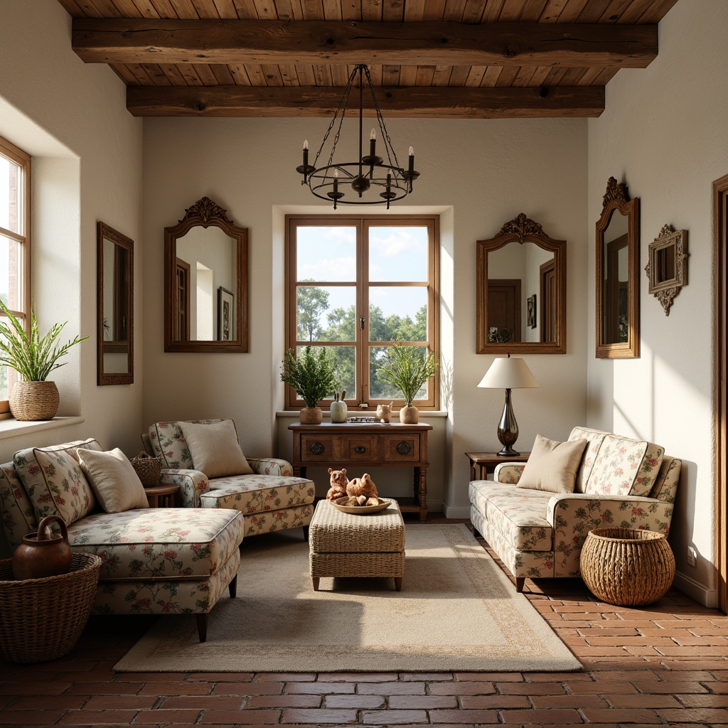 Prompt: Rustic countryside, soft natural light, distressed wood furniture, vintage ornate mirrors, woven wicker baskets, earthy tone fabrics, floral patterns, subtle texture variations, gentle color palette, cream-colored stonewalls, rustic brick floors, elegant chandeliers, soft candlelight, serene atmosphere, 1/2 composition, warm and cozy mood, realistic fabric rendering, ambient occlusion.