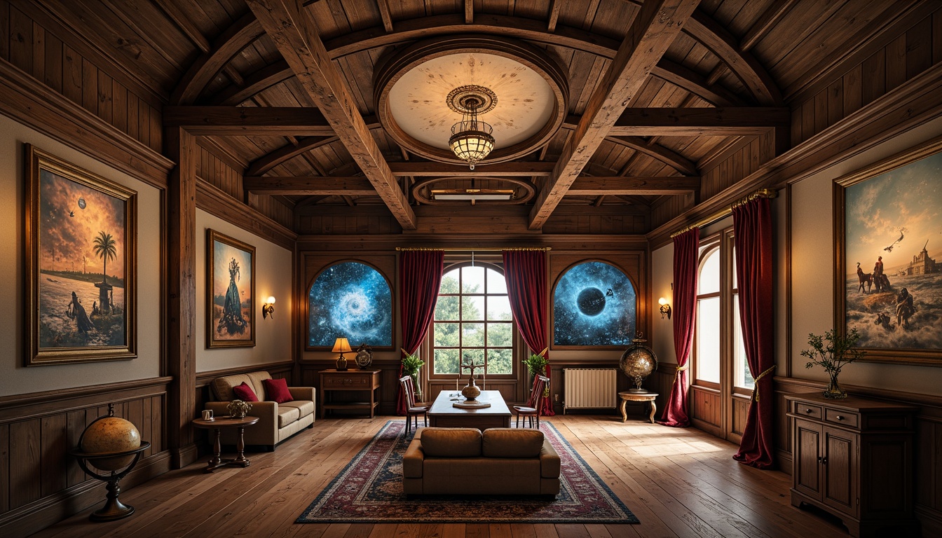 Prompt: Rustic wooden beams, distressed finishes, soft warm lighting, starry night sky projections, celestial body installations, rounded dome shapes, intricate fresco details, ornate chandeliers, rich velvet drapes, classic country furniture, vintage astronomical instruments, antique telescopes, terrestrial globe displays, Earth-toned color palette, natural stone accents, ambient occlusion, 1/1 composition, shallow depth of field, realistic textures.