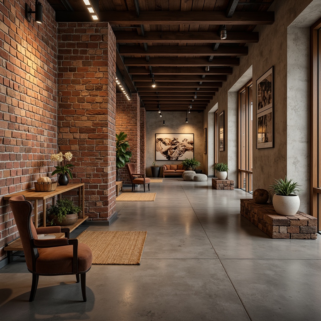 Prompt: Rustic brick walls, distressed finishes, earthy tones, natural stone textures, rough-hewn wood accents, reclaimed wooden planks, exposed concrete surfaces, industrial chic aesthetic, urban loft atmosphere, warm ambient lighting, soft focus, shallow depth of field, 2/3 composition, atmospheric perspective.