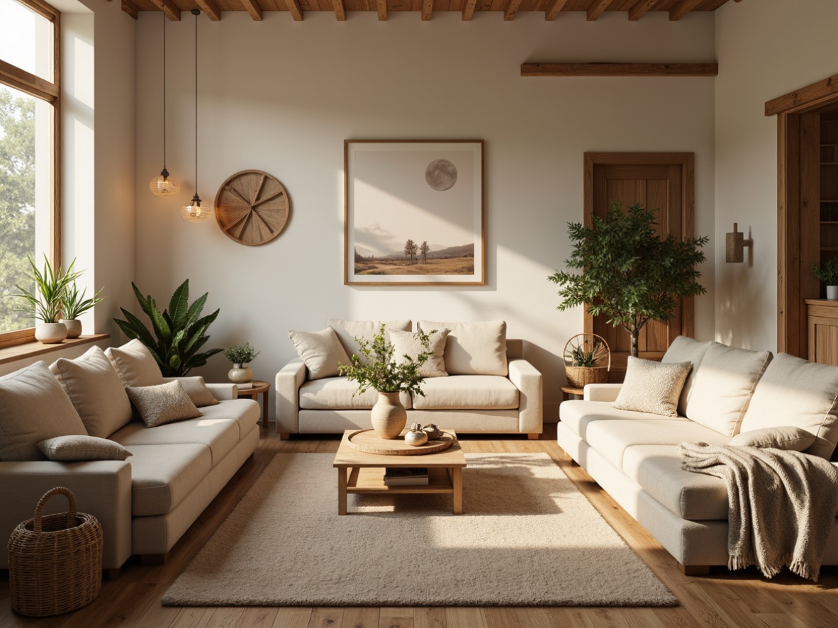 Prompt: Cozy living room, plush furniture, soft velvety fabrics, calming beige tones, natural linen textures, woven baskets, rustic wooden accents, warm golden lighting, inviting atmosphere, 1/1 composition, shallow depth of field, relaxed casual pose, realistic fabric simulations, ambient occlusion.