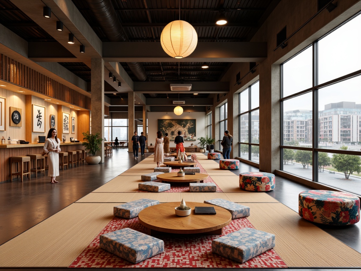 Prompt: Vibrant Asian-inspired youth center, traditional tatami mats, richly patterned kimonos, bold kanji calligraphy, colorful obi sashes, intricate wooden carvings, natural bamboo accents, paper lanterns, warm soft lighting, shallow depth of field, 3/4 composition, panoramic view, realistic textures, ambient occlusion, modern minimalist architecture, sleek steel beams, polished concrete floors, floor-to-ceiling windows, urban cityscape backdrop, bustling streets, trendy cafes, hip-hop dance studios, virtual reality gaming zones, cozy reading nooks, eclectic mix of traditional and modern Asian-inspired furniture.