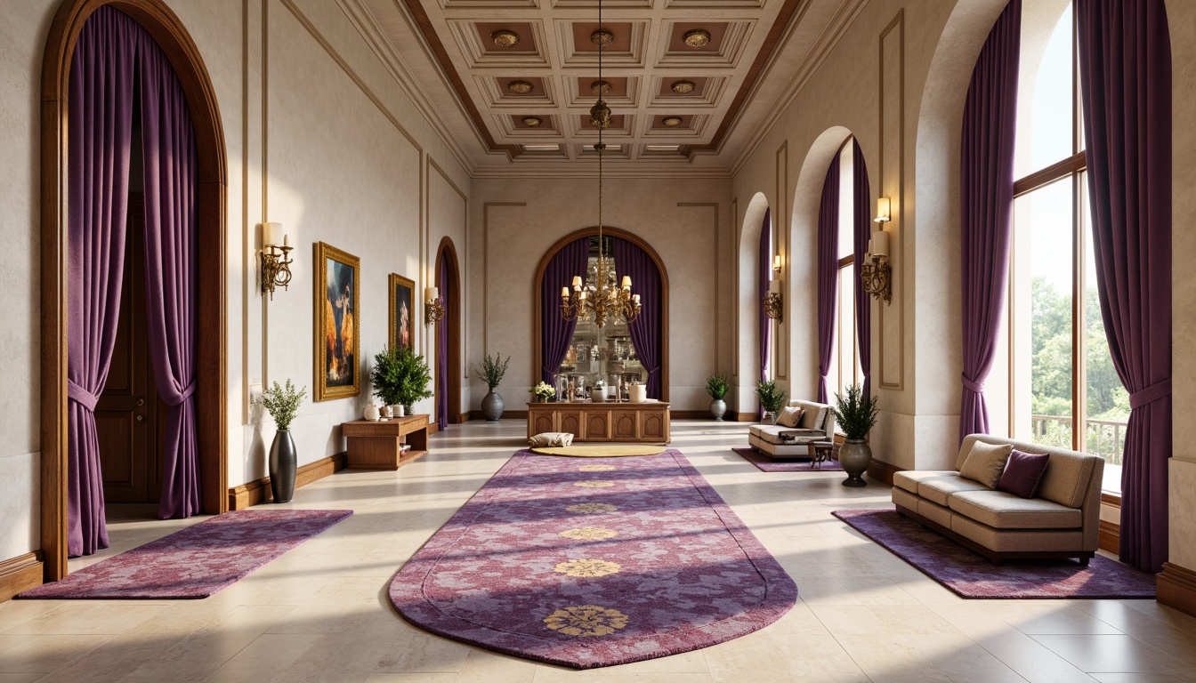 Prompt: Luxurious amethyst accents, warm beige tile floors, soft cream walls, rich wood furniture, ornate metal fixtures, regal purple drapes, intricate mosaic patterns, natural stone archways, grand high ceilings, sophisticated modern architecture, abundant natural light, shallow depth of field, 1/1 composition, realistic textures, ambient occlusion.