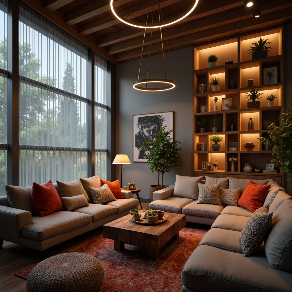 Prompt: Cozy living room, warm ambient lighting, soft glow lamps, floor-to-ceiling windows, natural daylight, sheer curtains, LED strip lights, minimalist pendant lights, rustic wooden accents, comfortable sectional sofas, vibrant colorful throw pillows, layered textures, shallow depth of field, 1/2 composition, warm color temperature, realistic shadows, subtle gradients.