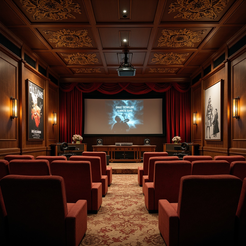 Prompt: Rustic cinema interior, dark wood paneling, comfortable seating, soundproofing materials, acoustic panels, diffusers, bass traps, cinema screens, projection systems, surround sound speakers, ornate golden details, rich velvet curtains, classic film cameras, vintage movie posters, warm cozy lighting, shallow depth of field, 1/1 composition, realistic textures, ambient occlusion.