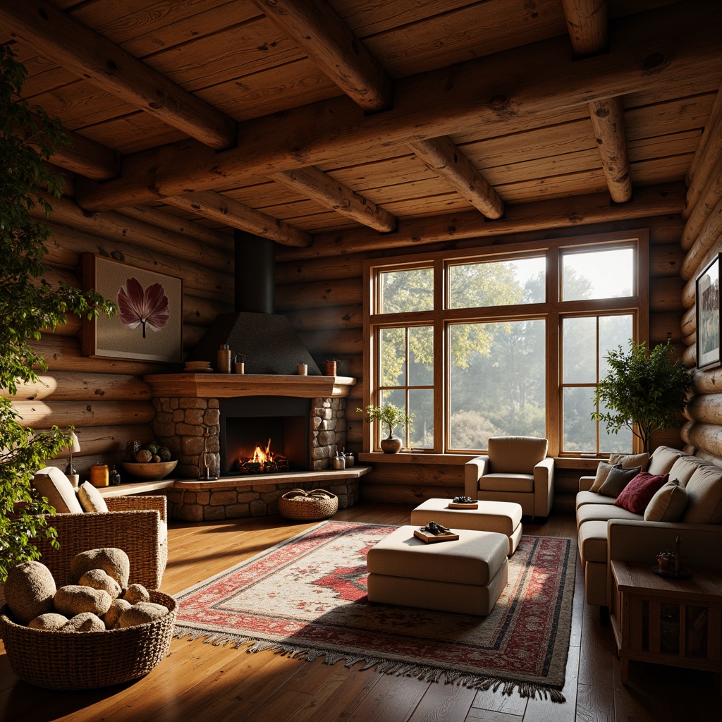 Prompt: Cozy cabin, rustic wooden walls, natural stone fireplace, plush furnishings, soft cushions, woven baskets, vintage rugs, earthy tones, warm golden lighting, inviting atmosphere, crackling fire sounds, autumnal forest surroundings, misty morning, shallow depth of field, 1/2 composition, realistic textures, ambient occlusion.