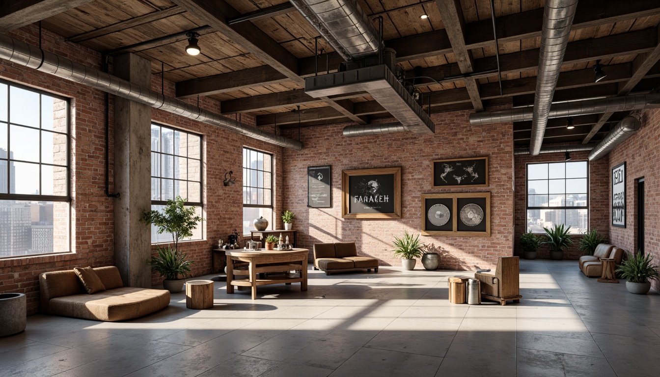 Prompt: Exposed brick walls, metal beams, reclaimed wood accents, industrial-style lighting fixtures, concrete floors, urban cityscape views, gritty textured surfaces, distressed finishes, mechanical equipment displays, functional pipes, modern minimalist decor, neutral color palette, high ceilings, open floor plans, natural light pouring in, soft focus photography, 1/1 composition, shallow depth of field.