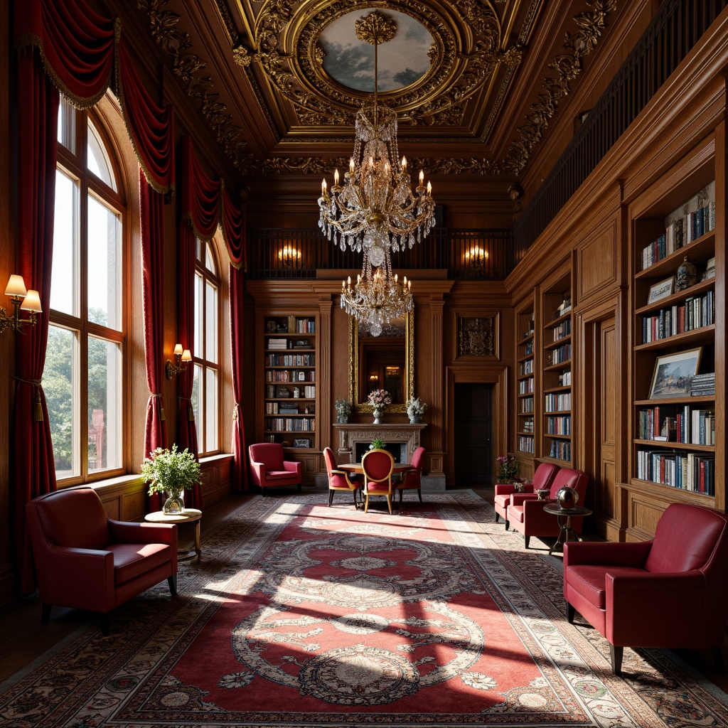 Prompt: Ornate library, rich velvet drapes, gold-leaf accents, carved wooden paneling, crystal chandeliers, luxurious leather armchairs, intricately patterned rugs, Baroque-style bookshelves, gilded frames, ornamental mirrors, soft warm lighting, shallow depth of field, 1/1 composition, realistic textures, ambient occlusion.