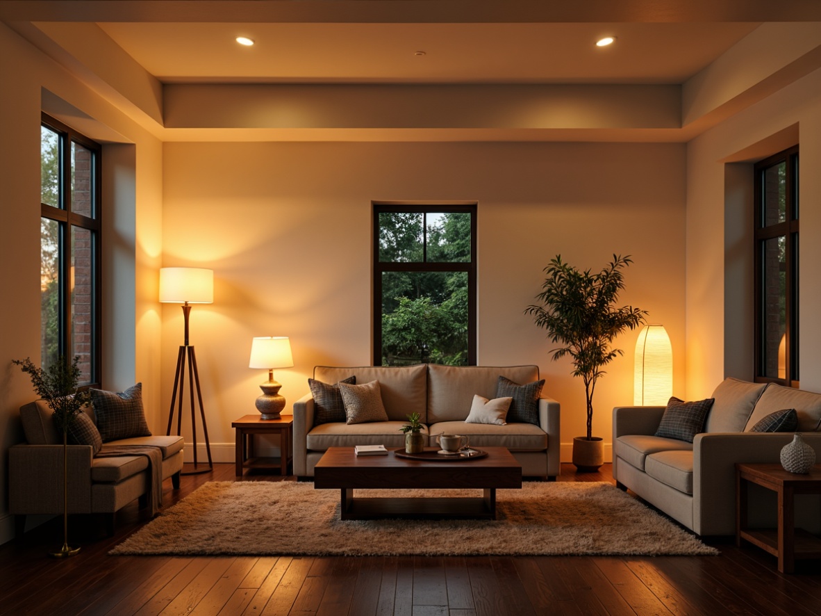 Prompt: Cozy living room, warm ambiance, soft glowing lamps, table lamps, floor lamps, pendant lights, recessed lighting, creamy white walls, dark wood furniture, plush area rugs, natural fabrics, comfortable seating, relaxing atmosphere, warm color palette, gentle shadows, 1/1 composition, softbox lighting, realistic textures.