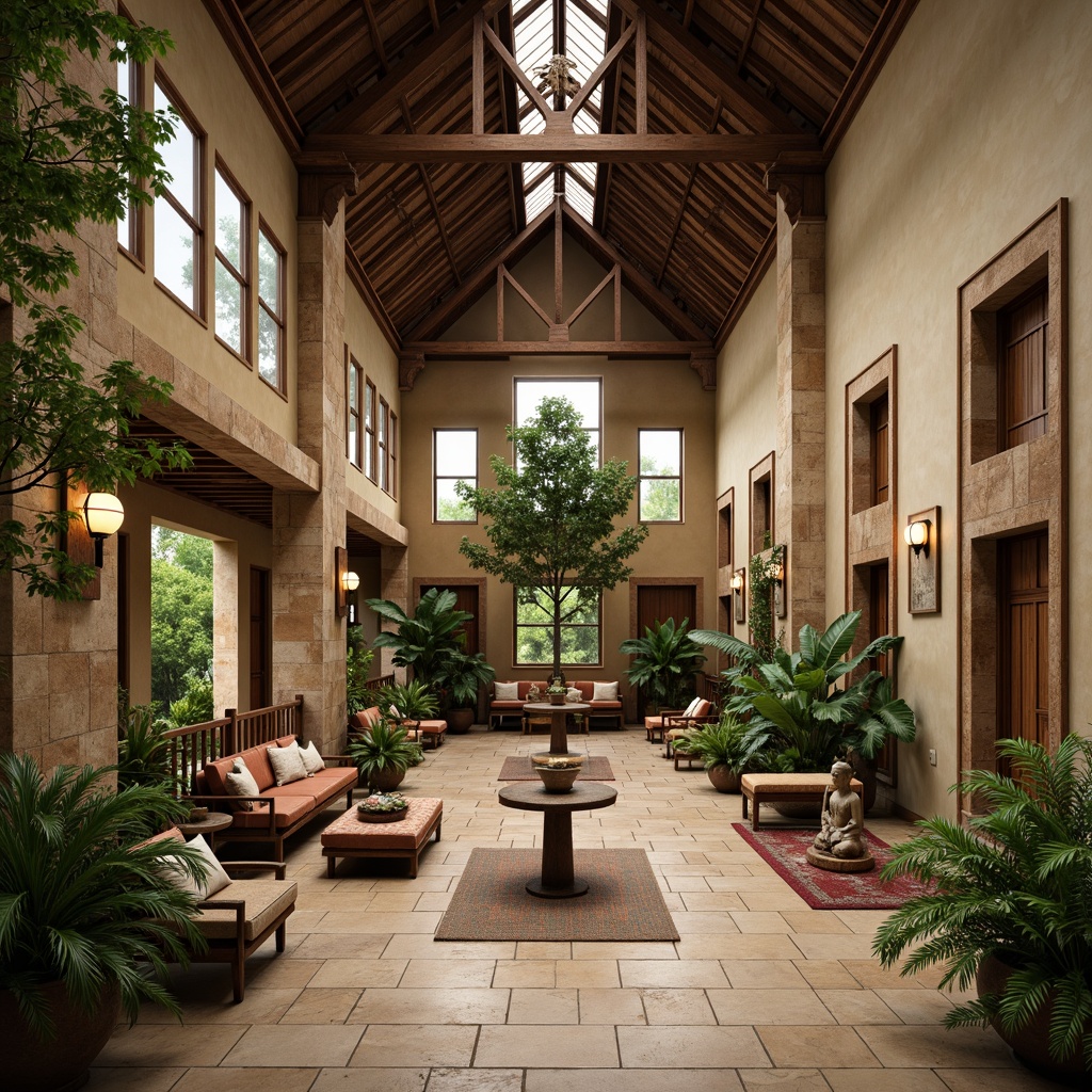 Prompt: Tropical monastery interior, natural stone walls, wooden accents, lush greenery, exotic plants, warm beige tones, soft diffused lighting, clerestory windows, high ceilings, ornate wooden beams, tranquil ambiance, Buddha statues, incense burners, woven textiles, rattan furniture, vintage artifacts, distressed wood finishes, subtle color palette, gentle shadows, 1/2 composition, soft focus, warm color temperature.