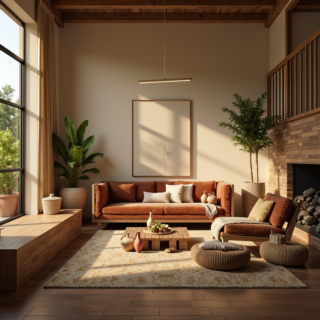 Prompt: Cozy living room, warm beige walls, rich walnut wood furniture, plush velvet sofa, soft golden lighting, calming atmosphere, natural textiles, woven baskets, earthy terracotta pots, lush green plants, warm neutral colors, soothing ambiance, 1/1 composition, intimate view, realistic renderings, ambient occlusion.