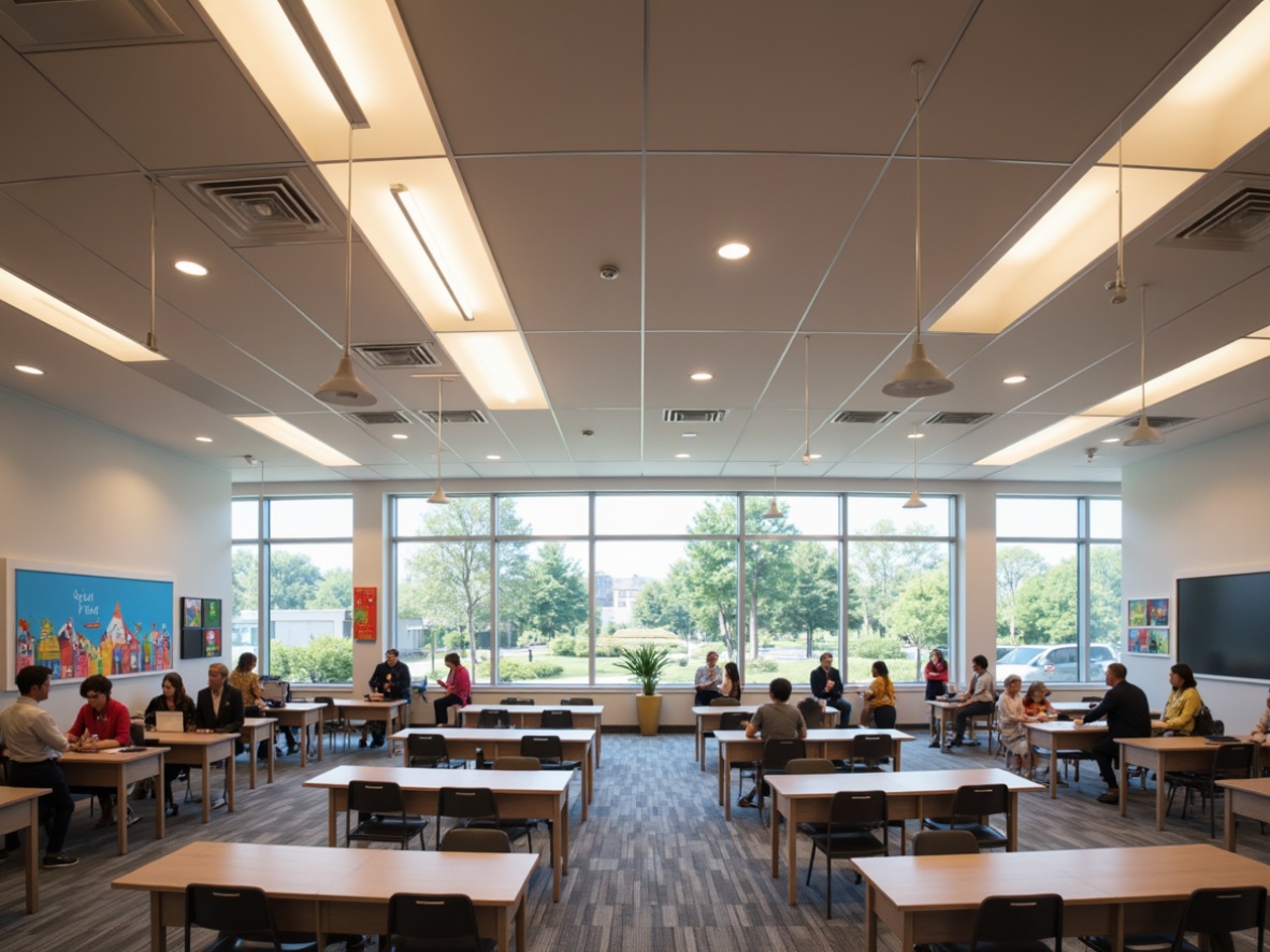 Prompt: Modern classroom lighting, suspended pendant lights, indirect ambient illumination, soft warm glow, energy-efficient LED fixtures, minimalist design, adjustable brightness controls, natural daylight harvesting, clerestory windows, translucent ceiling panels, collaborative learning spaces, flexible seating arrangements, interactive whiteboards, colorful educational graphics, stimulating color schemes, dynamic lighting scenes, 1/1 composition, shallow depth of field, realistic textures.