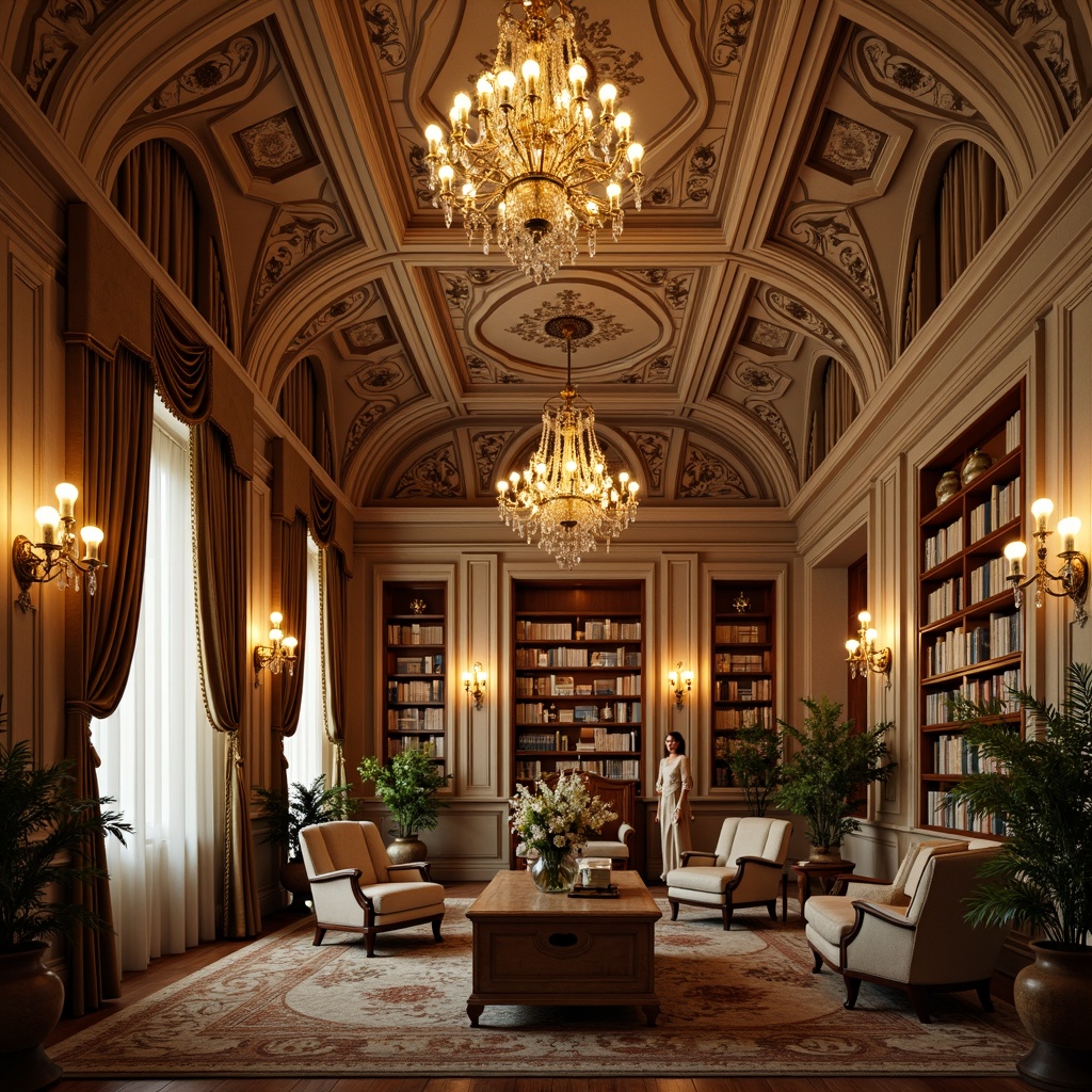 Prompt: Opulent Rococo-style library, grand chandeliers, ornate sconces, warm golden lighting, soft candlelight, delicate crystal fixtures, intricate moldings, luxurious fabrics, velvet drapes, rich wood paneling, gilded accents, baroque furnishings, dramatic archways, sweeping staircases, majestic high ceilings, warm beige tones, subtle shadows, soft focus, 1/2 composition, intimate atmosphere, realistic textures, ambient occlusion.