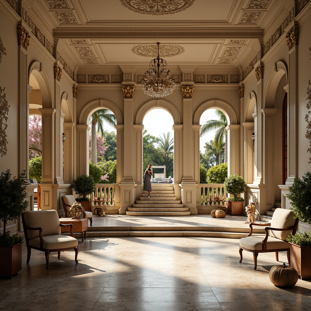 Prompt: Luxurious villa, ornate facades, symmetrical compositions, geometric patterns, metallic accents, chrome fixtures, curved lines, ornamental motifs, marble floors, intricate moldings, lavish furnishings, velvet drapes, crystal chandeliers, grand staircases, arched windows, French doors, sun-kissed terraces, Mediterranean gardens, palm trees, blooming flowers, warm afternoon light, soft golden lighting, shallow depth of field, 1/1 composition, realistic textures, ambient occlusion.