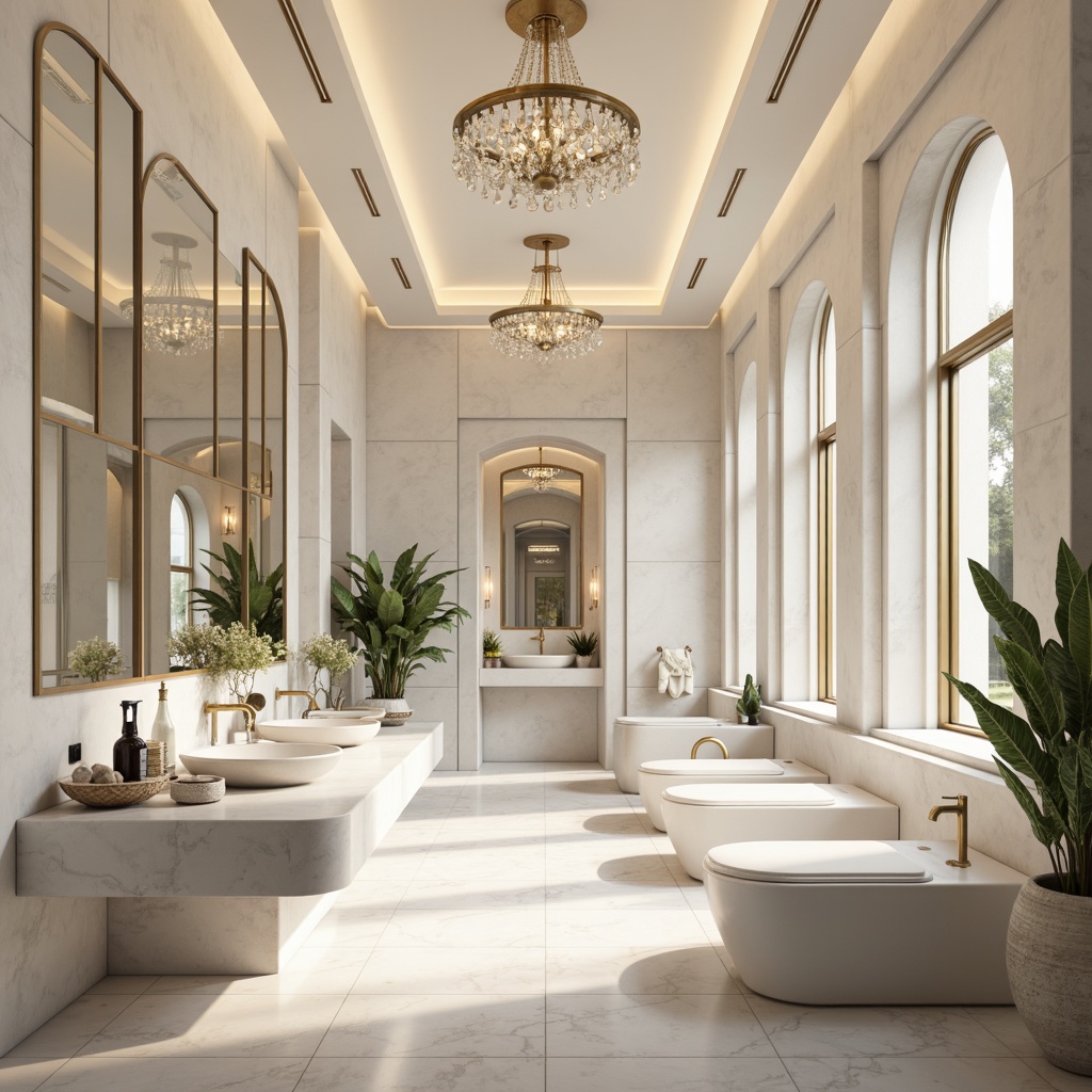 Prompt: Luminous powder room, sleek modern architecture, smooth white marble countertops, elegant curved lines, ornate golden fixtures, lavish crystal chandeliers, soft warm glow, gentle ambient lighting, subtle spotlighting, 3/4 composition, shallow depth of field, panoramic view, realistic textures, ambient occlusion.