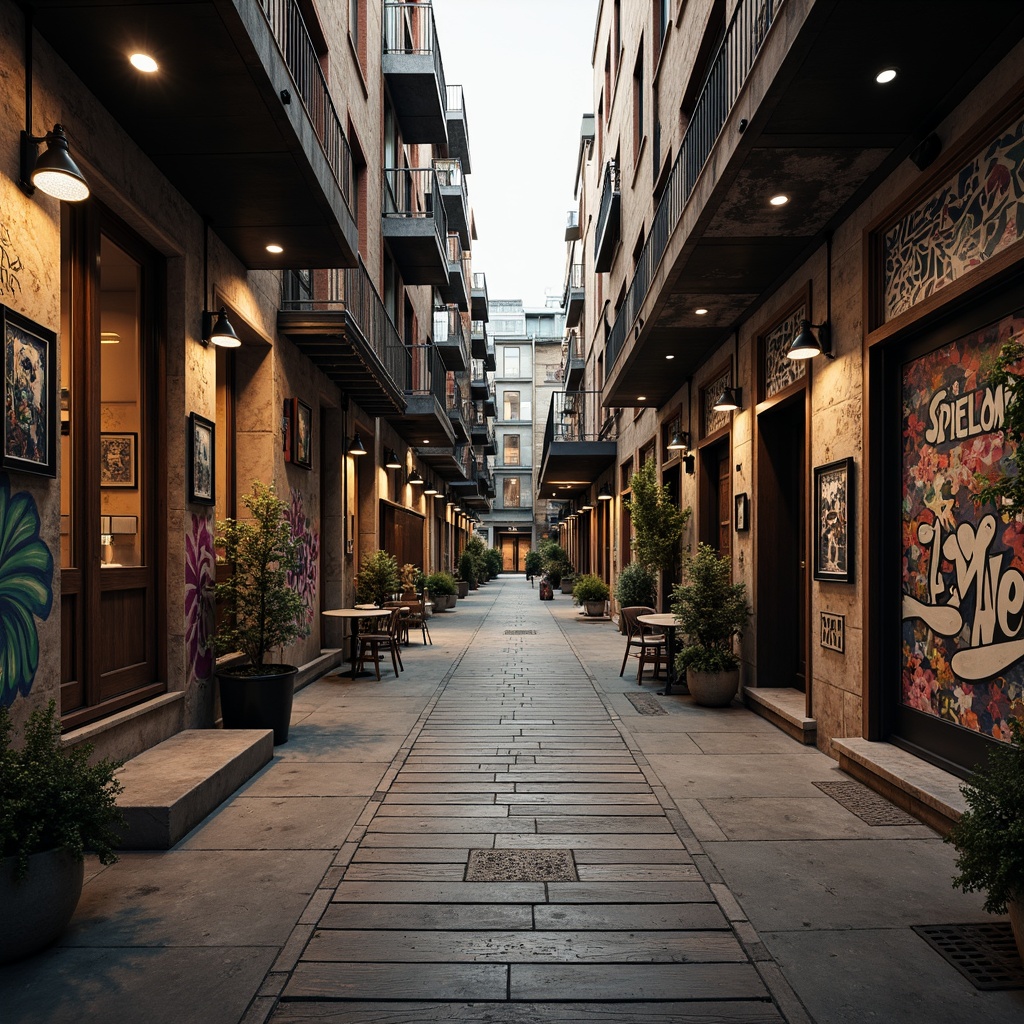 Prompt: Rustic wooden planks, distressed metal walls, rough-hewn stone facades, intricate mosaics, vibrant graffiti, eclectic textures, industrial chic aesthetic, urban cityscape, atmospheric lighting, soft focus, shallow depth of field, 1/2 composition, cinematic framing, dramatic shadows, richly detailed normal maps.