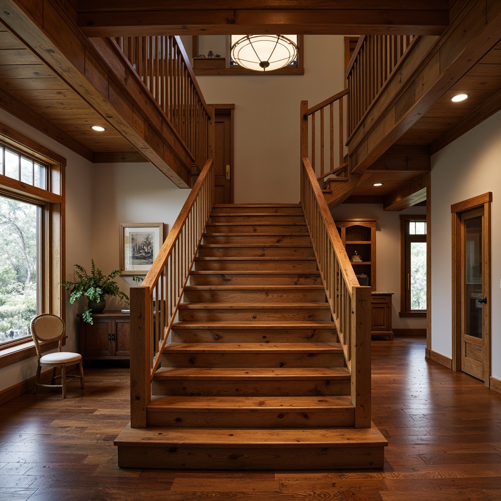 Prompt: Elegant wooden staircase, rich walnut treads, ornate carved banisters, rustic oak railings, traditional craftsman design, earthy tone color palette, natural textures, warm ambient lighting, shallow depth of field, 1/1 composition, realistic wood grain details, ambient occlusion.