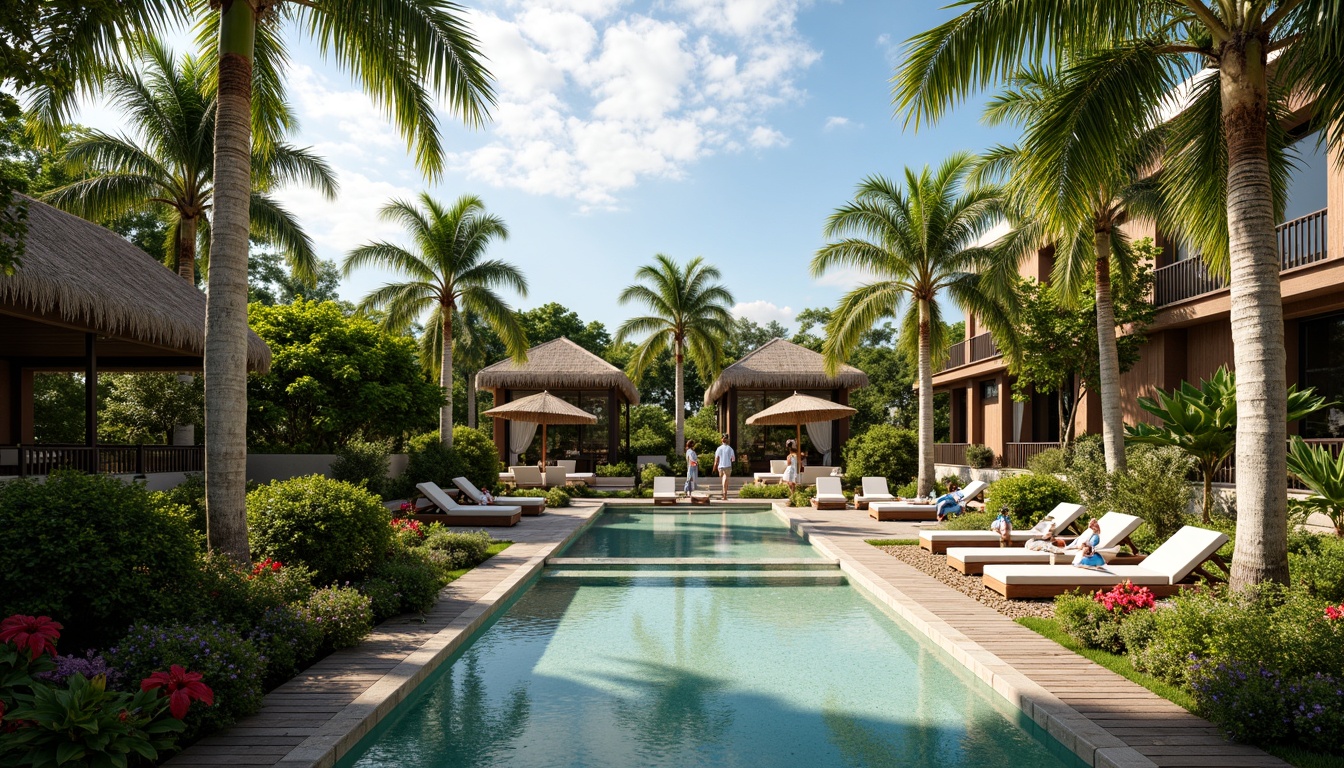 Prompt: Lush tropical gardens, exotic palm trees, vibrant hibiscus flowers, natural stone pathways, wooden decks, resort-style pool areas, outdoor lounges, rattan furniture, colorful textiles, thatched roof villas, modern hospitality architecture, large overhanging eaves, sliding glass doors, open-plan living spaces, warm sunny days, soft diffused lighting, shallow depth of field, 3/4 composition, panoramic views, realistic textures, ambient occlusion.