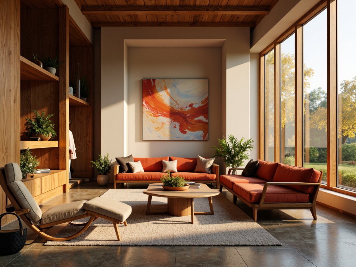 Prompt: Vibrant living room, earthy tones, warm beige walls, rich walnut wood furniture, soft velvet sofas, abstract artwork, natural stone flooring, cozy reading nook, floor-to-ceiling windows, abundant sunlight, warm golden lighting, shallow depth of field, 3/4 composition, realistic textures, ambient occlusion.