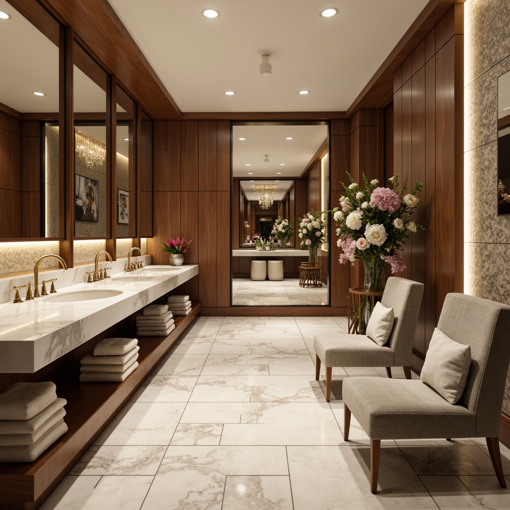 Prompt: Luxurious powder room, sleek streamline moderne design, marble countertops, ornate gold fixtures, soft warm lighting, plush velvet armchairs, rich wood cabinetry, subtle geometric patterns, elegant chrome hardware, spa-inspired ambiance, calming neutral tones, fragrant floral arrangements, floor-to-ceiling mirrors, crystal chandeliers, lavish textiles, shallow depth of field, 1/1 composition, panoramic view, realistic reflections.