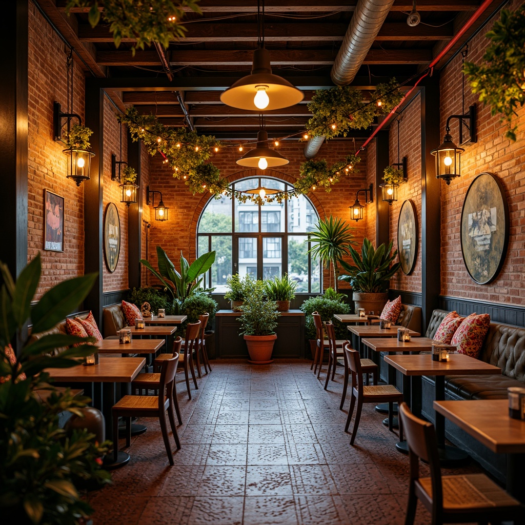 Prompt: Vibrant community space, eclectic style decor, warm ambient lighting, pendant lamps, metal chandeliers, Edison bulbs, neon signs, colorful string lights, lantern-inspired fixtures, Moroccan-inspired tiles, reclaimed wood accents, industrial metal beams, exposed brick walls, lush greenery, cozy nooks, comfortable seating areas, natural textures, rustic charm, soft warm glow, dramatic shadows, 1/2 composition, atmospheric lighting, cinematic mood.