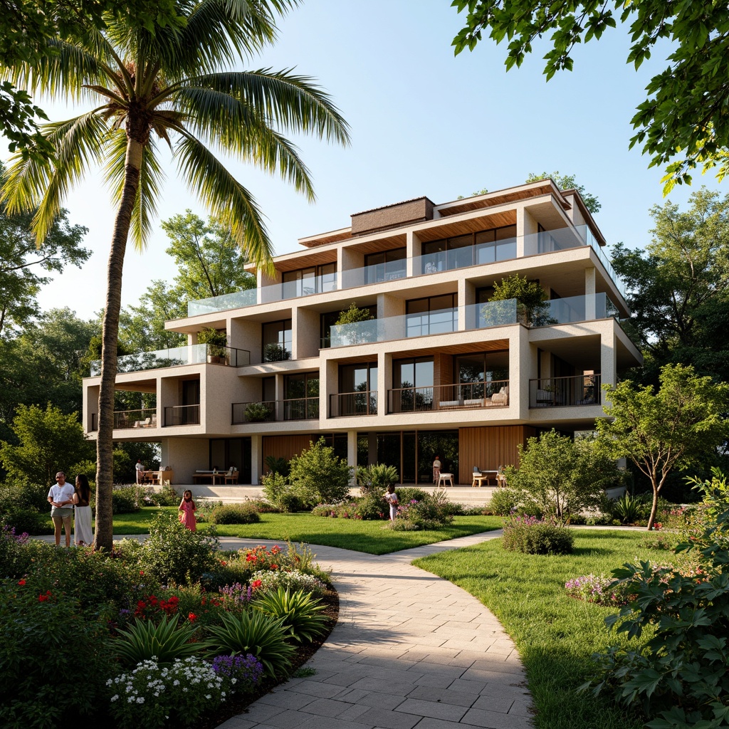 Prompt: Tropical style building, natural ventilation, large overhangs, wide eaves, clerestory windows, cross-ventilation, high ceilings, wooden louvers, jalousie windows, solar shading devices, bamboo blinds, lush greenery, palm trees, vibrant flowers, warm sunny day, soft diffused lighting, shallow depth of field, 3/4 composition, panoramic view, realistic textures, ambient occlusion.