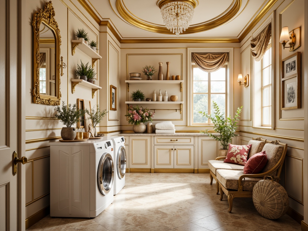 Prompt: Intricate laundry room, ornate gold accents, soft cream walls, Rococo-inspired furniture, curved lines, shell-shaped decorations, delicate floral patterns, luxurious velvet fabrics, crystal chandeliers, marble countertops, antique bronze fixtures, warm golden lighting, shallow depth of field, 1/1 composition, realistic textures, ambient occlusion.