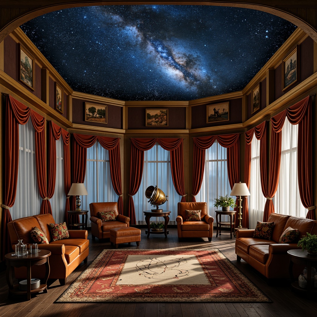 Prompt: Rustic French country planetarium, starry night sky, twinkling lights, dark blue ceiling, golden accents, ornate wooden beams, vintage astronomical instruments, celestial maps, luxurious velvet drapes, rich brown leather sofas, antique wooden furniture, soft warm lighting, shallow depth of field, 1/1 composition, intimate atmosphere, realistic textures, ambient occlusion.