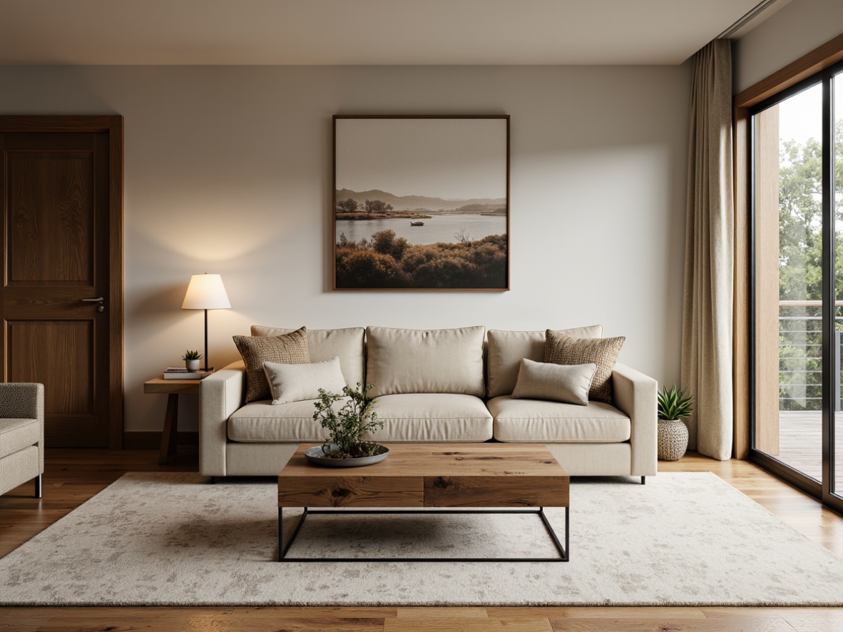 Prompt: Mid-century modern living room, plush velvet sofa, reclaimed wood coffee table, minimalist metal legs, soft beige upholstery, accent pillows, abstract artwork, floor-to-ceiling windows, natural oak flooring, warm ambient lighting, 3/4 composition, shallow depth of field, realistic textures.