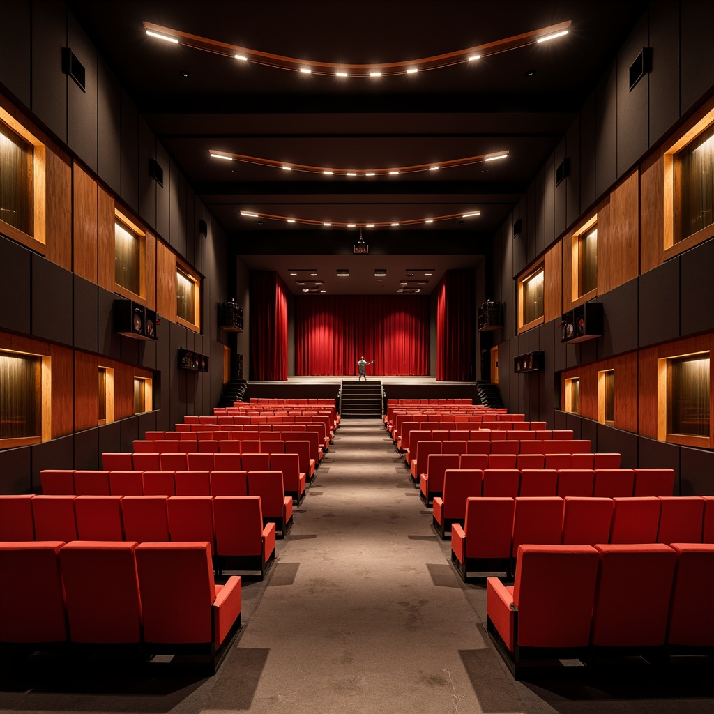 Prompt: \Sleek auditorium interior, modern streamline design, curved rows of seats, plush red velvet upholstery, polished chrome armrests, minimalist floor lamps, geometric patterns on walls and ceiling, dark wood accents, sophisticated sound systems, professional stage lighting, proscenium arch, crimson curtains, spotlights, gentle warm ambiance, shallow depth of field, 2/3 composition, realistic textures, ambient occlusion.\